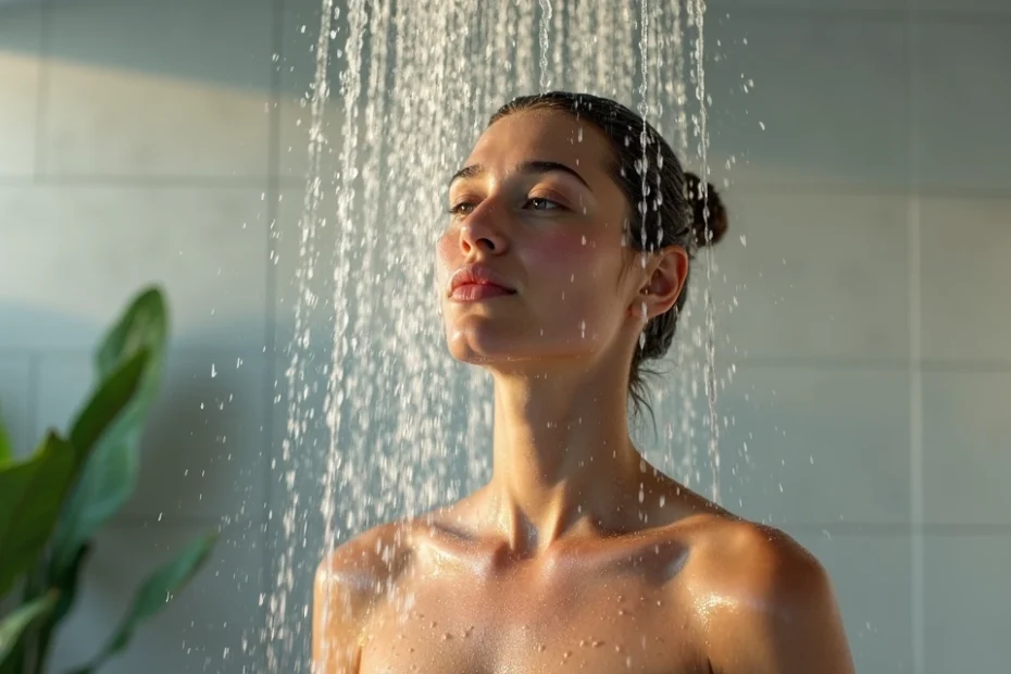 Pessoa tomando banho gelado em chuveiro moderno com gotas de água visíveis e ambiente iluminado