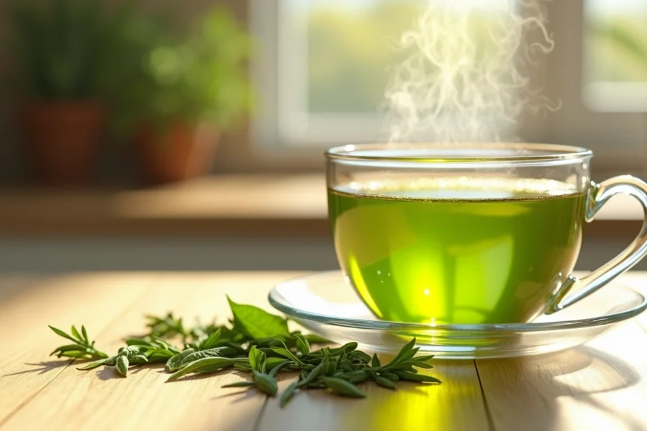 Xícara de chá verde ao lado de folhas frescas de chá, sobre uma mesa de madeira clara