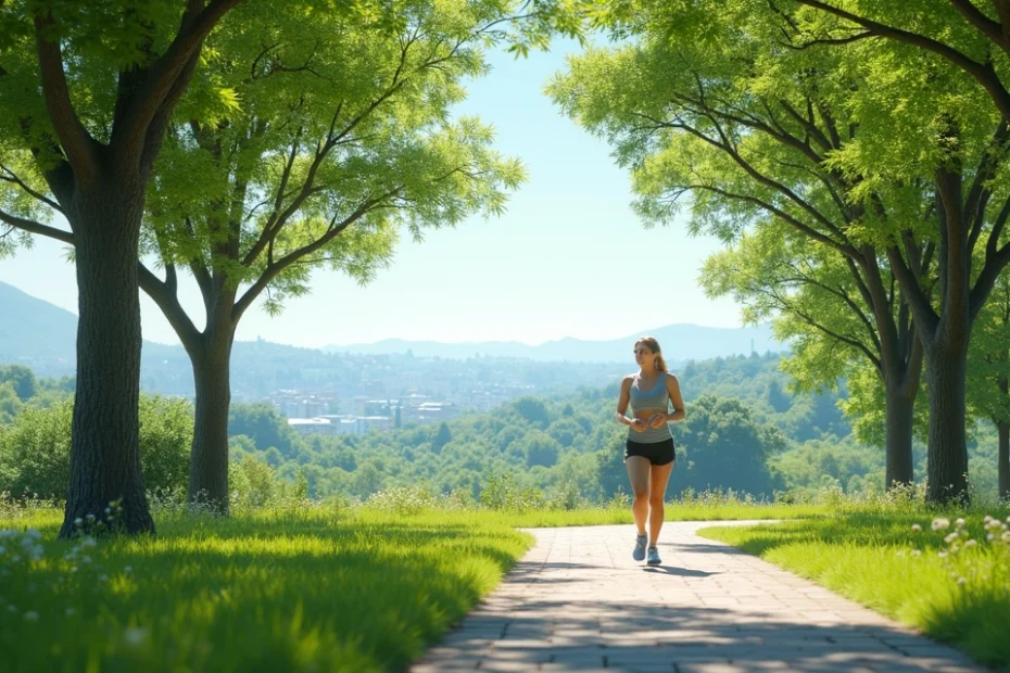 Pessoa caminhando em parque verde com árvores ao redor e céu azul