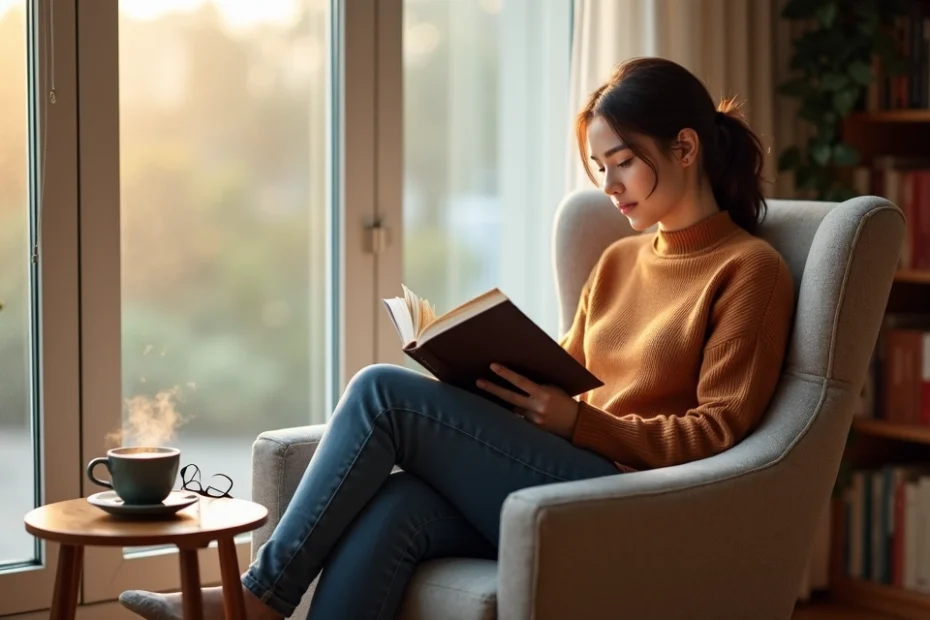 Pessoa lendo livro em poltrona confortável com xícara de café ao lado
