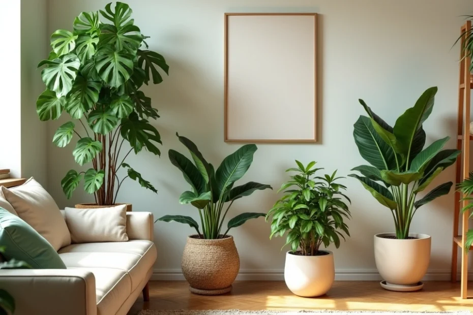 Sala de estar moderna com plantas verdes em vasos decorativos