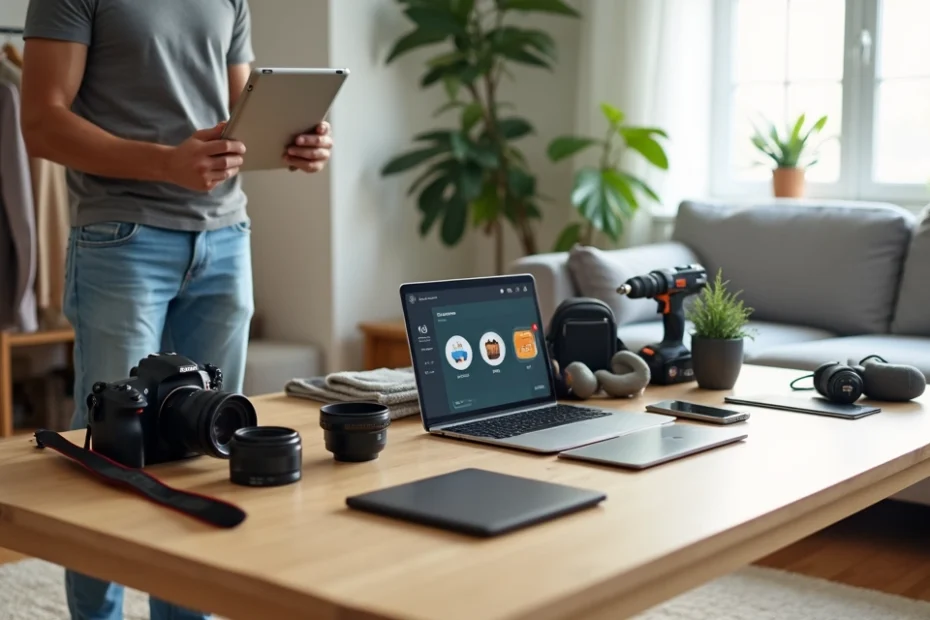 Pessoa organizando objetos pessoais variados para alugar e ganhar renda extra