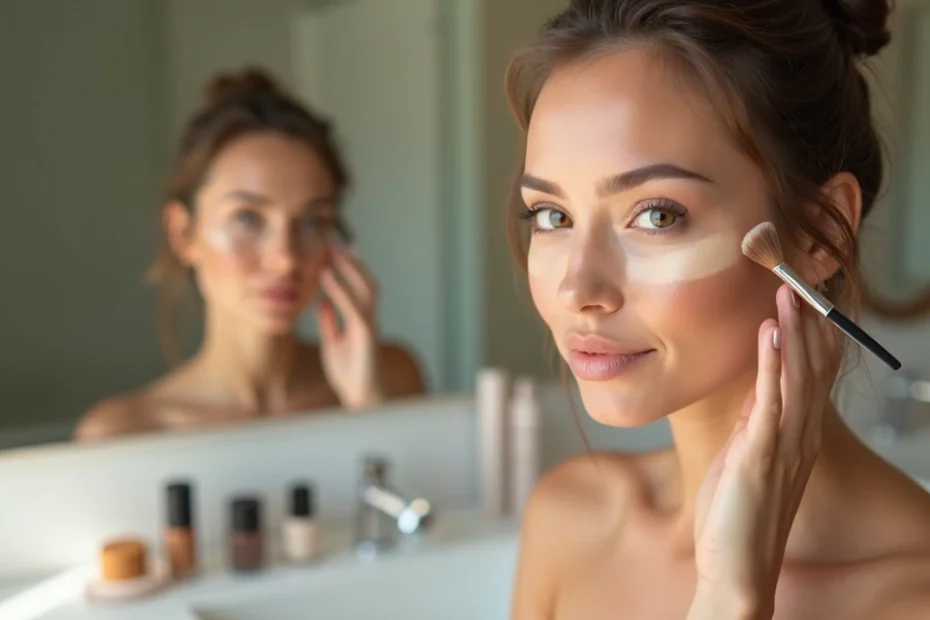 Mulher aplicando contorno facial com pincel diante do espelho