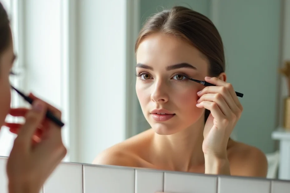 Mulher fazendo delineado gatinho diante do espelho
