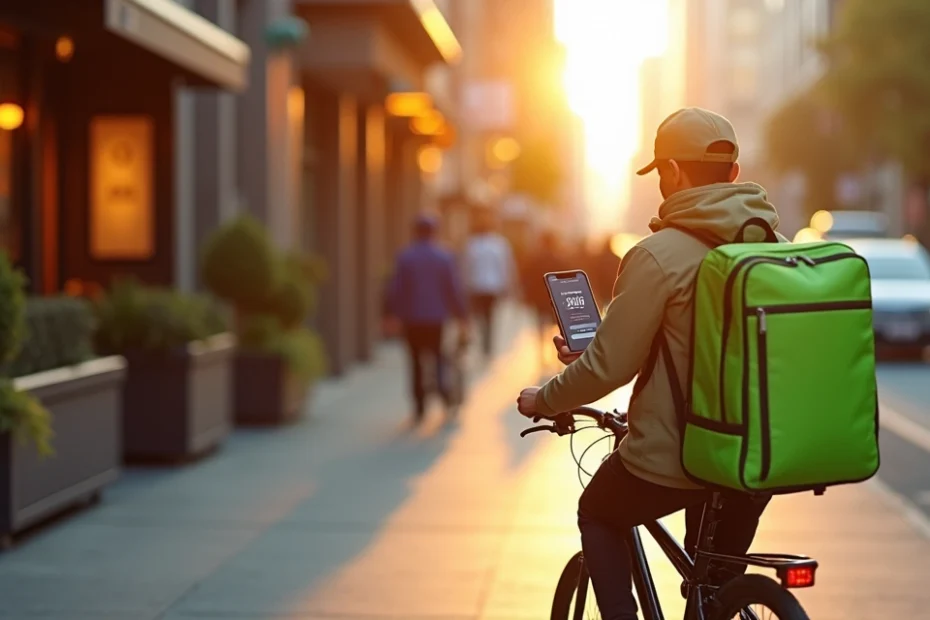 Entregador de aplicativo de delivery usando celular para ganhar renda extra