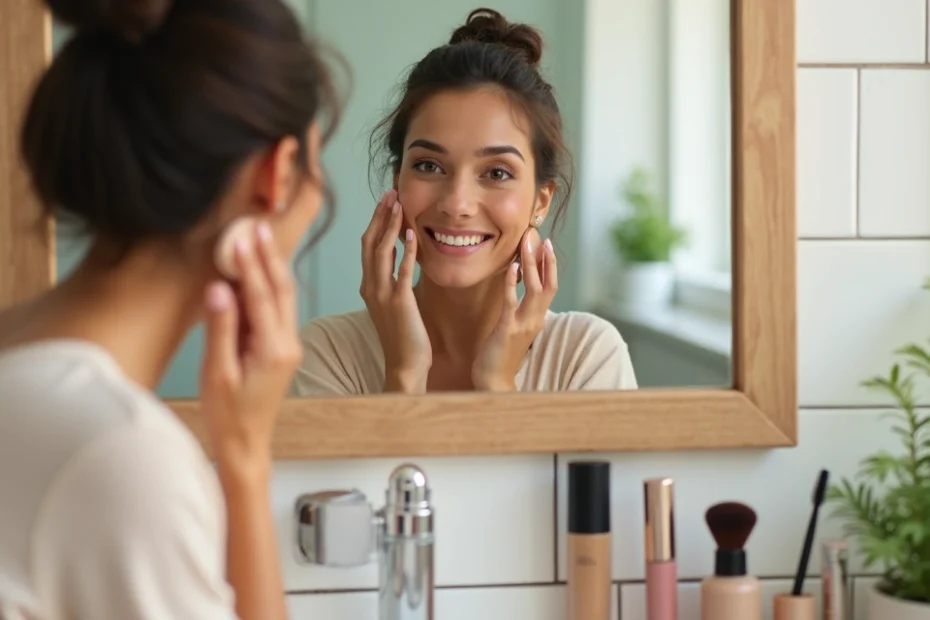 Mulher aplicando maquiagem natural leve em frente ao espelho