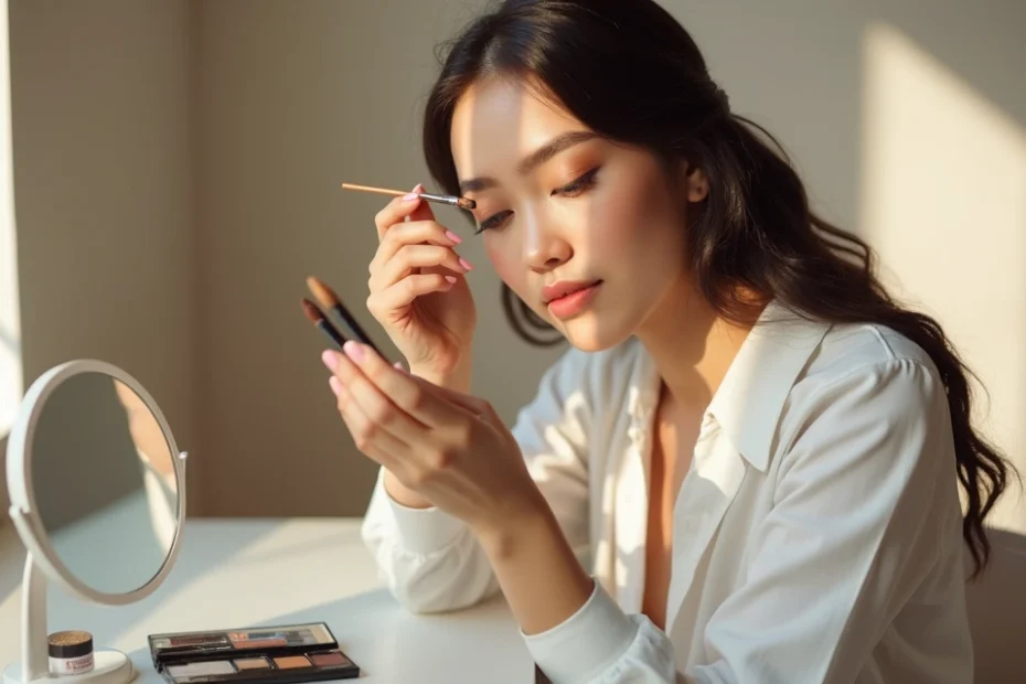 Mulher preenchendo sobrancelha com pincel chanfrado em frente ao espelho