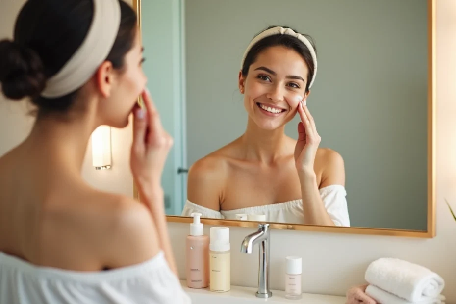 Mulher jovem aplicando skincare no rosto antes da maquiagem em frente ao espelho