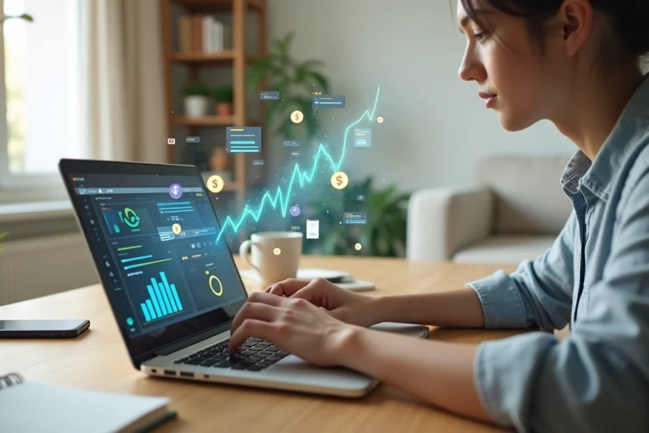 Pessoa usando notebook em casa com ícones de dinheiro e gráficos digitais ao fundo