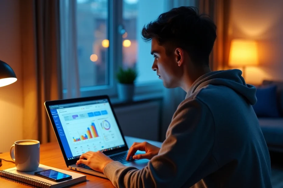 Pessoa trabalhando no notebook à noite com planilhas de finanças e relógio ao lado