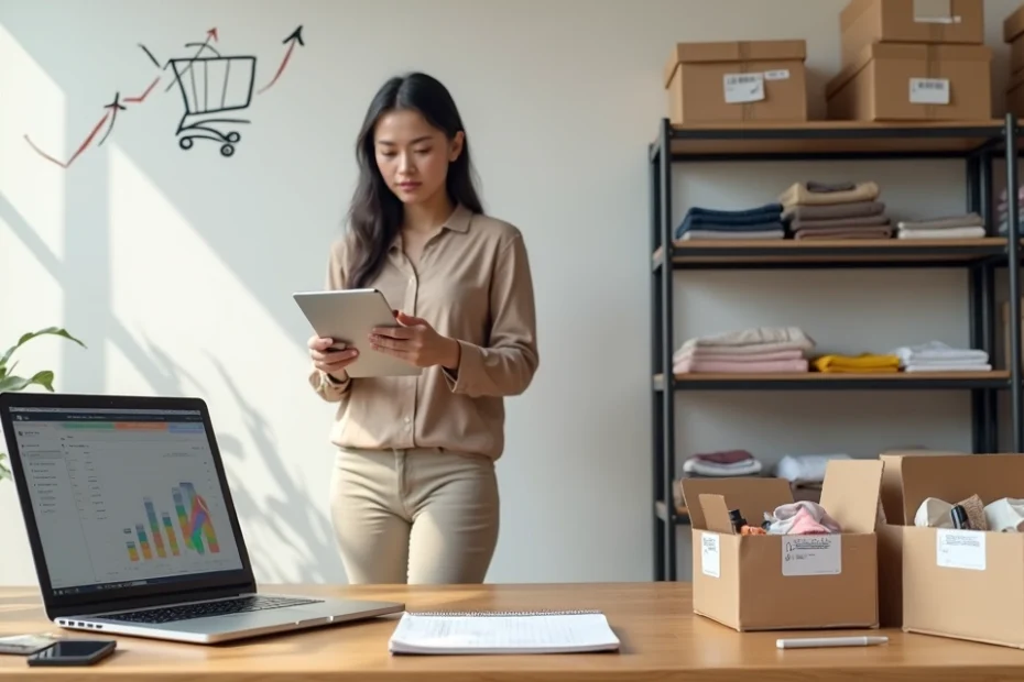 Empreendedor organizando produtos em caixas e computador para revenda online